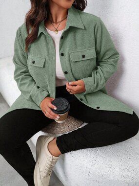 Mint Green Casual Women's Plus Size Long Sleeve Utility Pocket Jacket